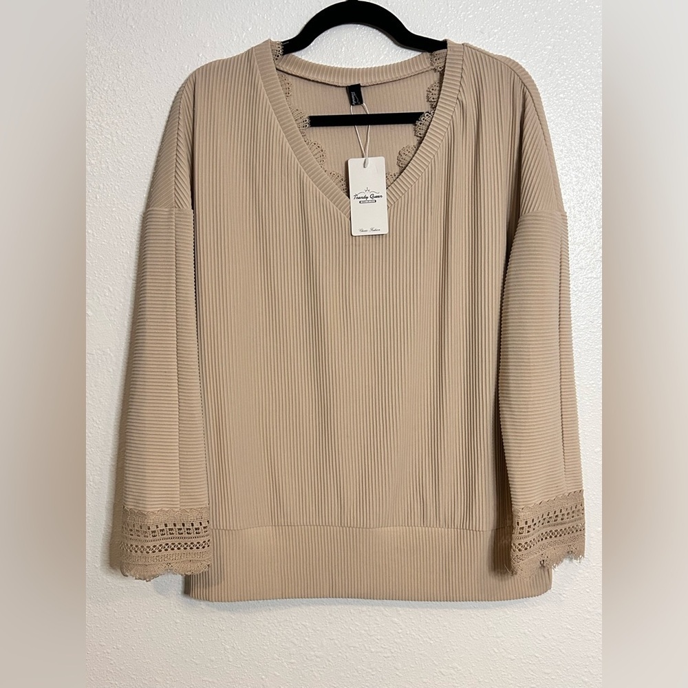 Trendy Queen Beige V-Neck Blouse with Crochet Detail Size Medium